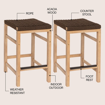Armand 25.6" Modern Coastal Backless Acacia Wood Outdoor Counter Stool with Woven Rope Seat